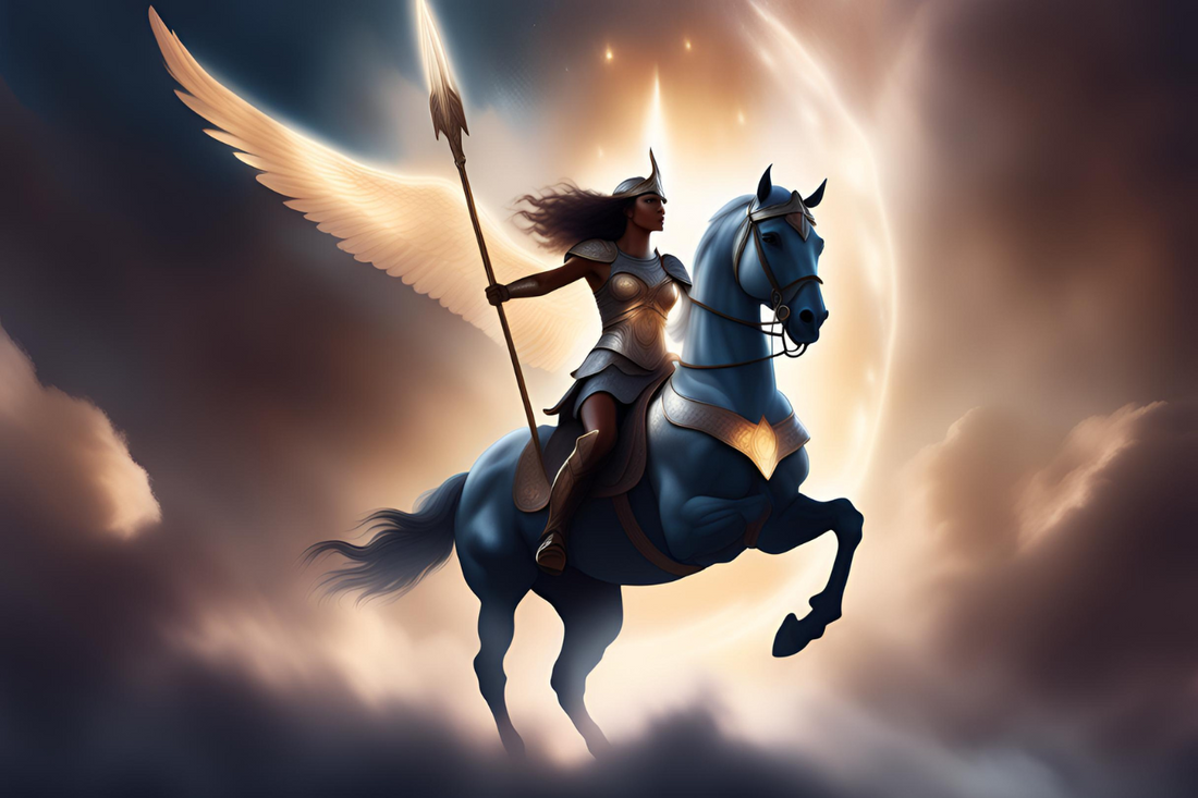 Valkyrie warrior with golden wings riding a horse through celestial light, holding a spear – Norse mythology goddess of fate and strength in epic cinematic style.