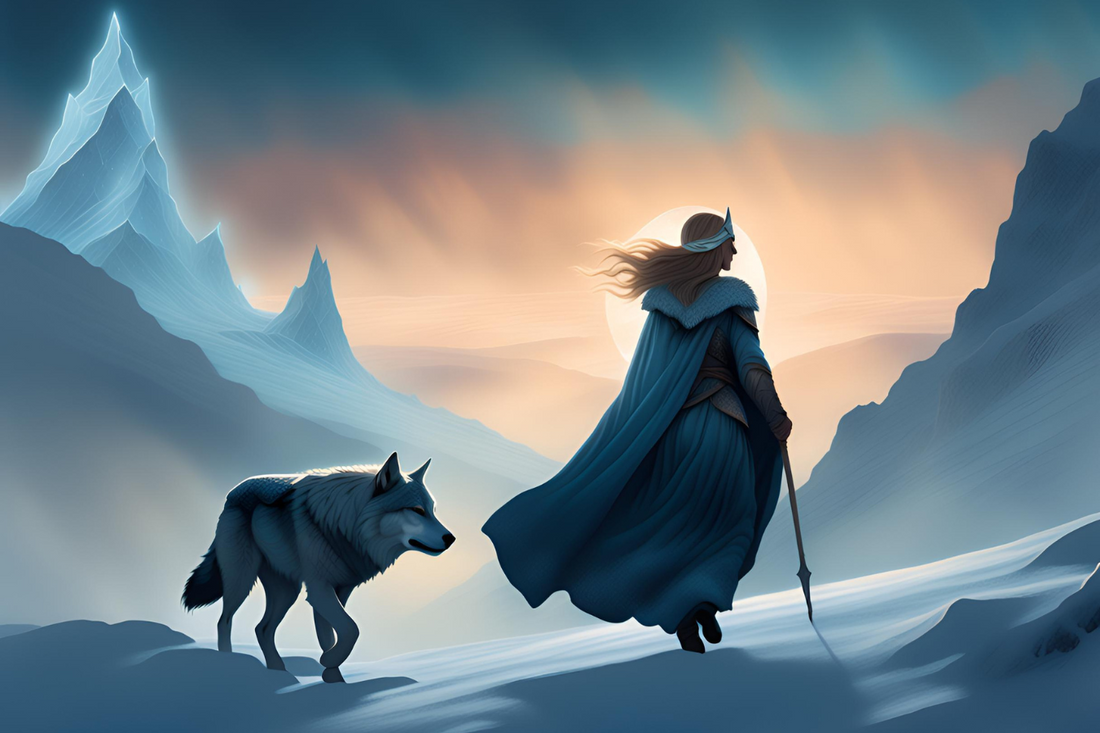 Illustration of a Norse shieldmaiden with a spear and a wolf, walking through snow-covered mountains at dawn. Inspired by Skadi, the goddess of winter and sovereignty.